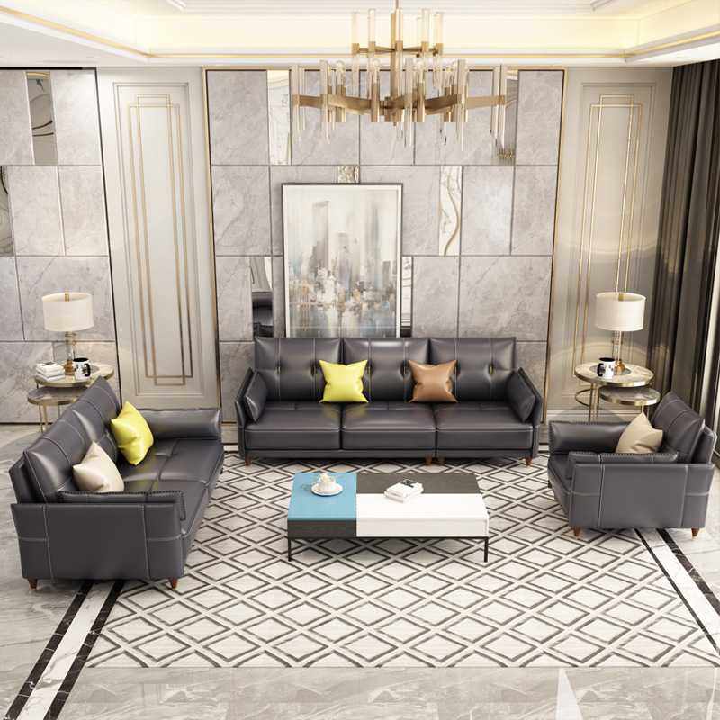 后现代轻奢皮沙发组合套装 别墅新款客厅家具北欧皮艺 三人位沙发