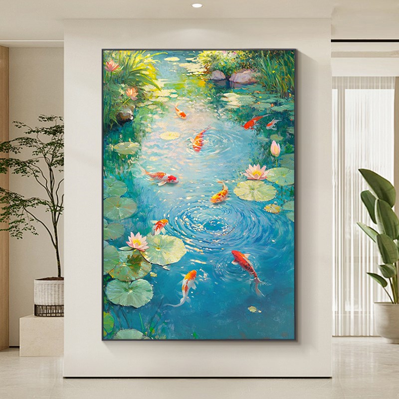九鱼图手绘油画现代玄关装饰画新中式客厅背景墙挂画荷花餐厅壁画图片