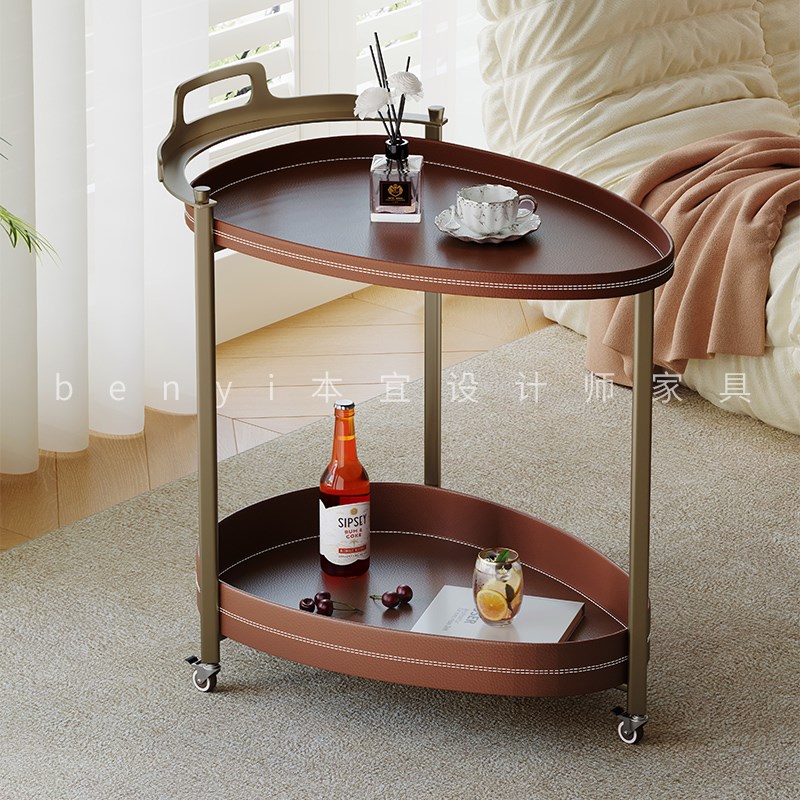客厅沙发可移动边几小推车桌子马鞍皮创意带轮高级感卧室阳台茶几