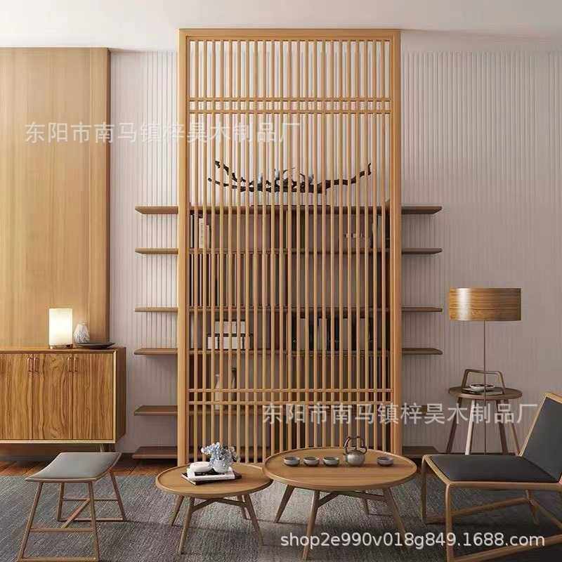 定制新中式木质隔断折叠屏风门窗沙发入户玄关背景吊顶卯榫结构
