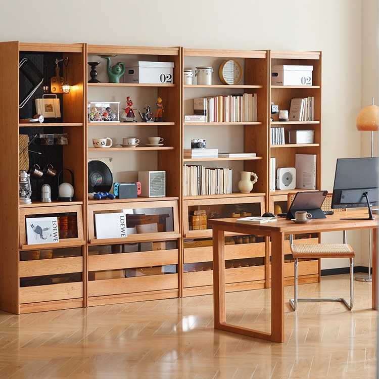 实木樱桃木书柜日式客厅小户型窄立柜杂志柜储物柜落地矮柜子