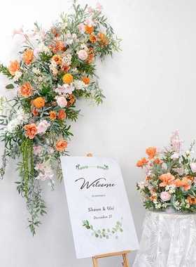 仿橙色田园风格壁挂花艺套装 手工橱窗墙壁装饰假花排花球花艺