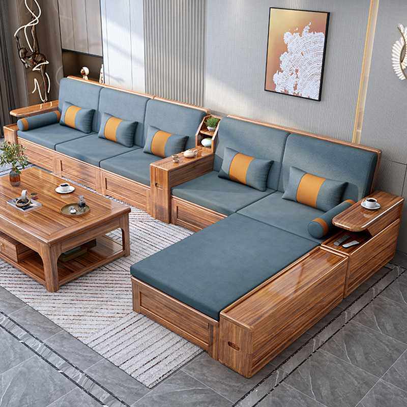 乌金木新中式全实木沙发组合小户型现代储物冬夏两用客厅转角贵妃