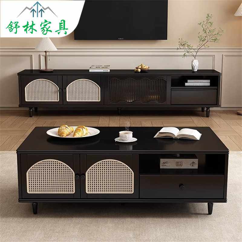 中古风实木茶几电视柜新款客厅家用视厅柜现简约代收纳储物柜一体