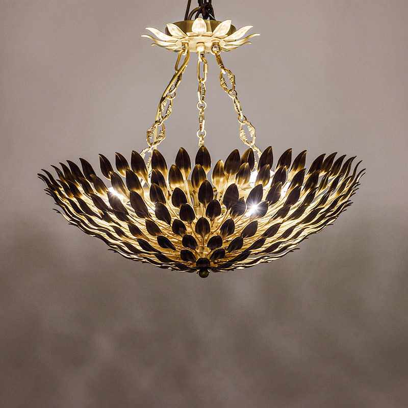 全铜美式乡村灯田园大气简约主卧室设计师风格餐客厅家用树叶吊灯