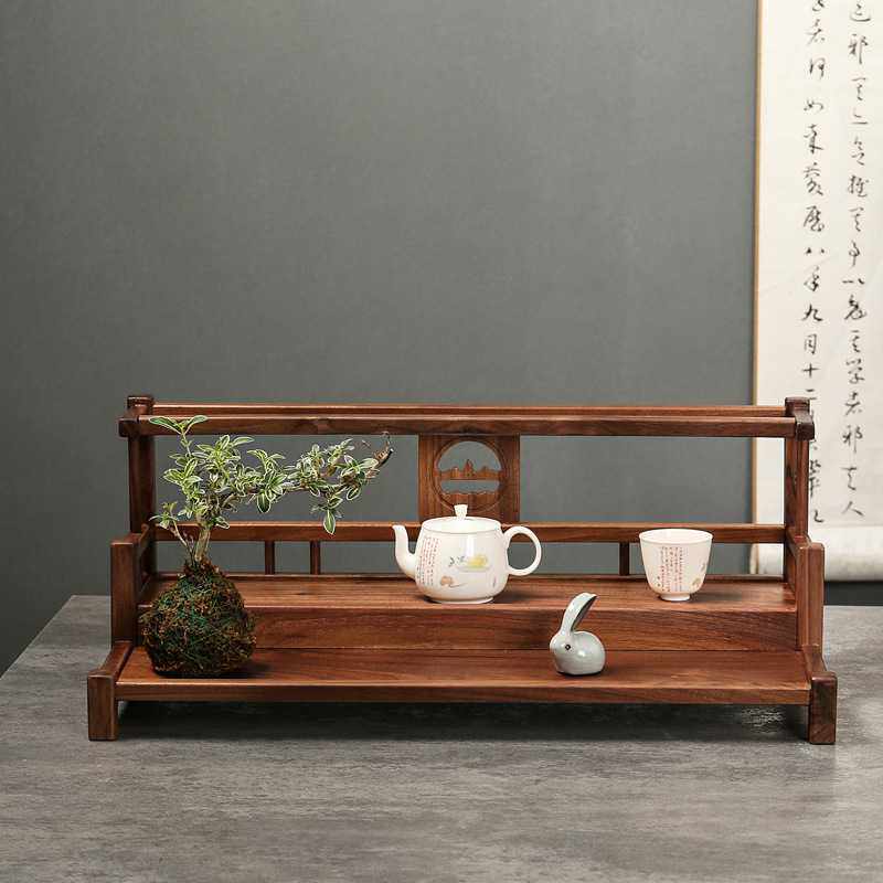 置物架黑胡桃木实木茶杯架子桌面茶具茶杯收纳整理复古中式博古架