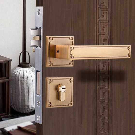 新中式室内门锁黑色卧室实木房门锁静音磁吸轴承门把手双开门新款