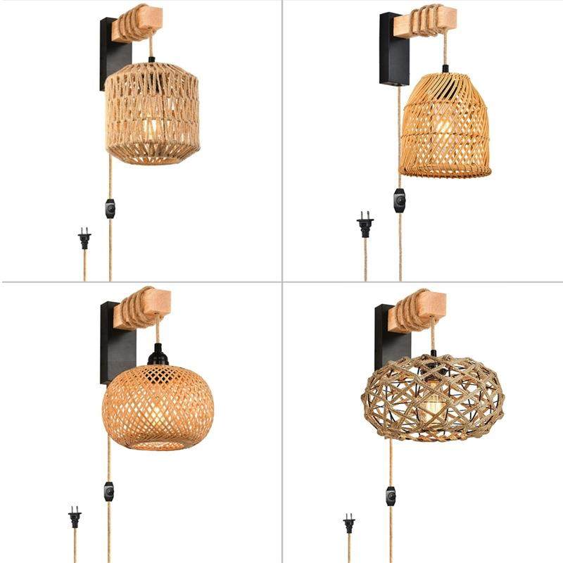 插入式复古日式竹编床头壁灯餐厅藤灯卧室农舍乡村室内背景墙壁灯