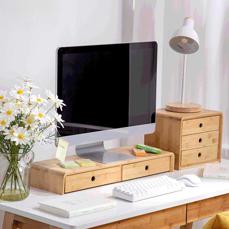 品生美电脑架办公桌显示器支架桌面实木收纳托架办公室置物架