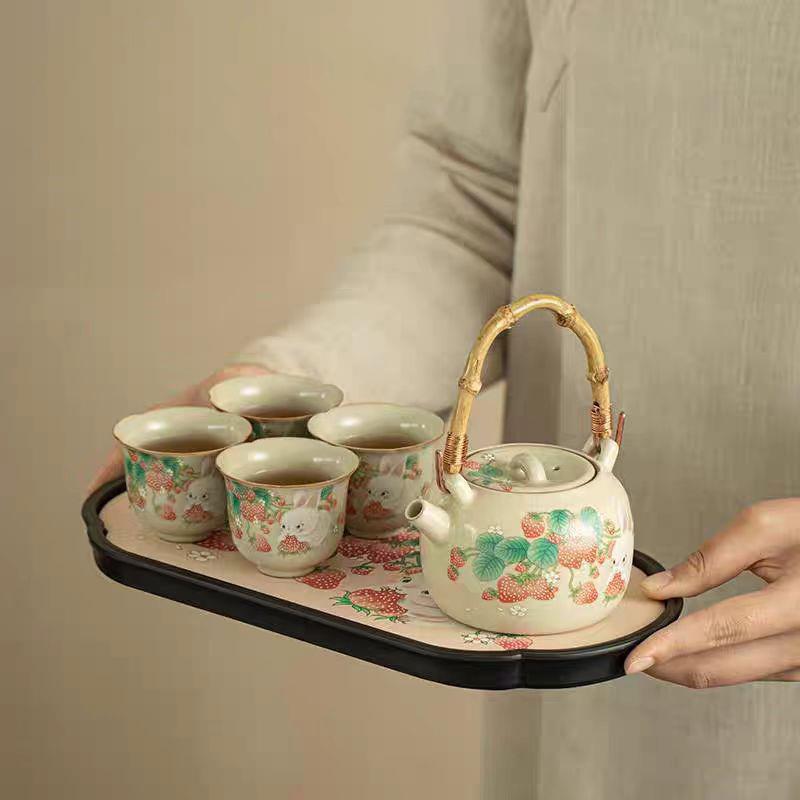 汝窑草莓兔提梁壶功夫茶具小套装办公家用酒店泡茶壶茶杯干泡盘