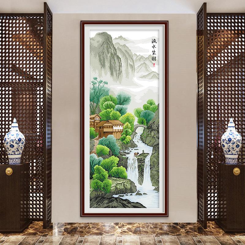 十字绣风景山水画2020新款线绣竖版客厅玄关新中式家用手工自己绣