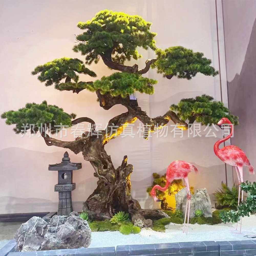仿真植物迎客松仿真树室内造景假树装饰摆件罗汉松木雕腊梅树定制