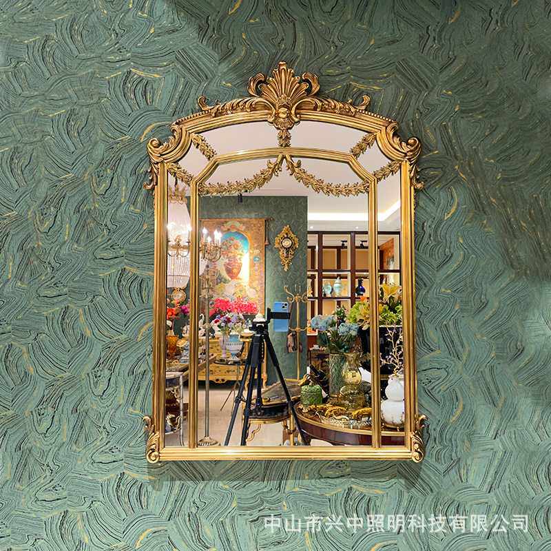 法苑法式复古别墅客厅玄关全铜装饰镜子欧式奢华餐边镜壁炉梳妆镜