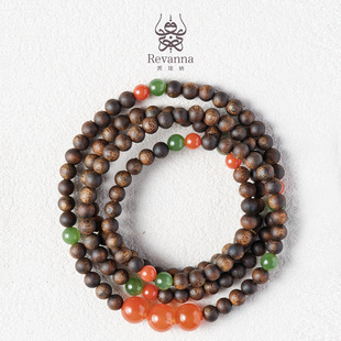 Revanna「红叶题诗」沉香圆珠5mm 南红碧玉项链