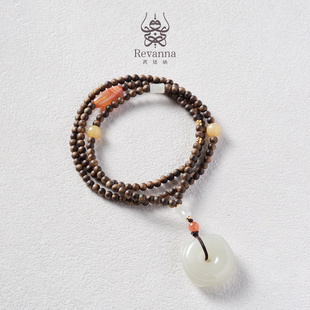 Revanna芮珐纳「静香圆融」沉香圆珠4mm和田玉玛瑙项链
