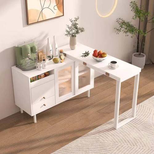 需定制歺桌孑馋飺歹卓槕连体家用餐边柜酒柜奶油风多功能餐桌旋转