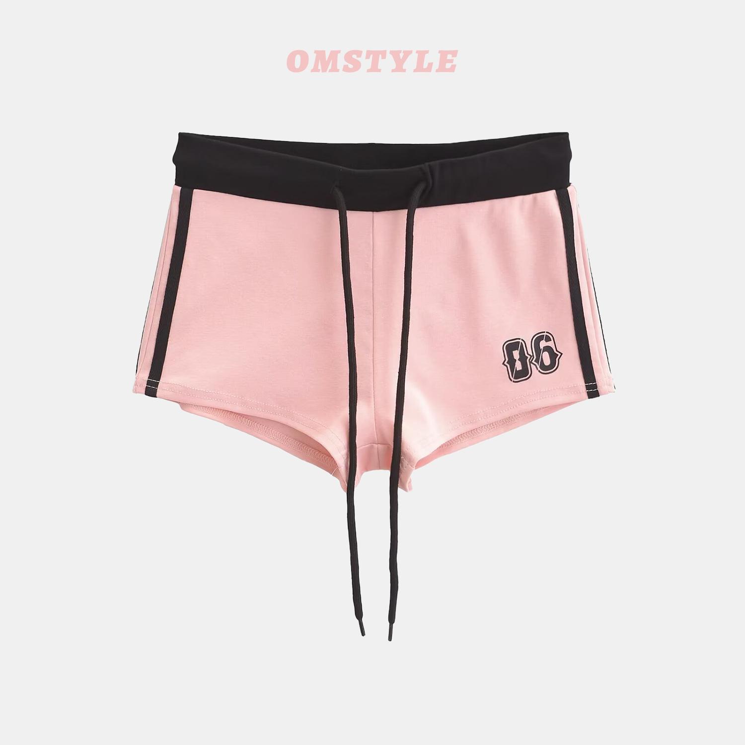 辣妹休闲裤运动裤短裤撞色印花松紧腰热裤美式小个子抽绳打底裤子