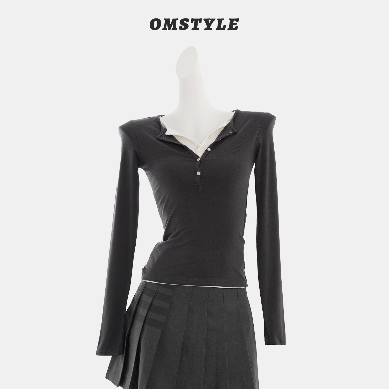 美式纽扣亨利领修身假两件设计感撞色长袖t恤上衣秋冬内搭打底衫