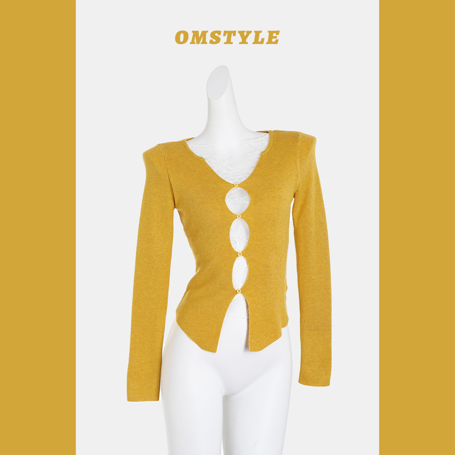 洋气黄色蕾丝镂空针织衫秋款毛衣