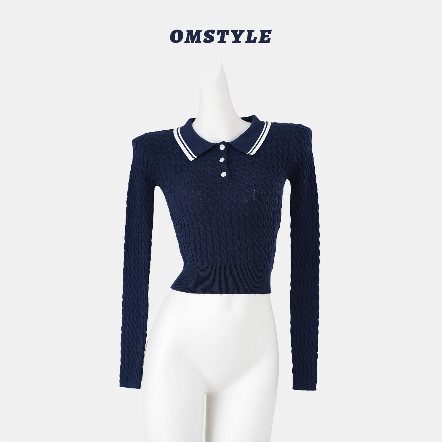 学院风polo领长袖麻花针织衫