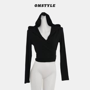 欧美风短款交叉V领连帽卫衣长袖上衣拉链可开衫纯色修身短外套女