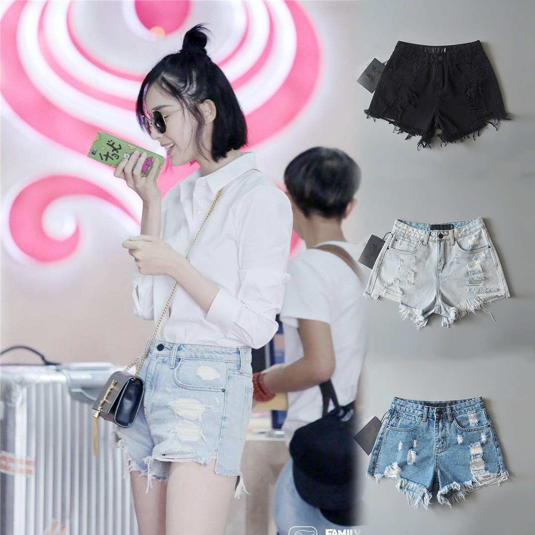 古力娜扎同款街拍夏 a字复古高腰破洞毛边显瘦牛仔乞丐短裤热裤女