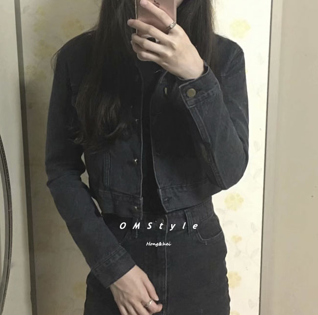 欧美风翻领单排纽扣高腰小外套