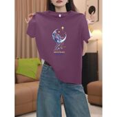 时尚 新款 潮流百搭显瘦上衣 星空鲸印花圆领T恤女夏季 100%纯棉短袖