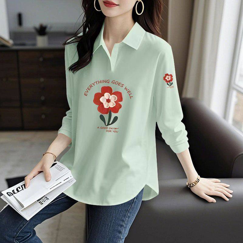 100纯棉春秋长袖翻领T恤女时尚新款韩版百搭设计感弧形翻领POLO衫