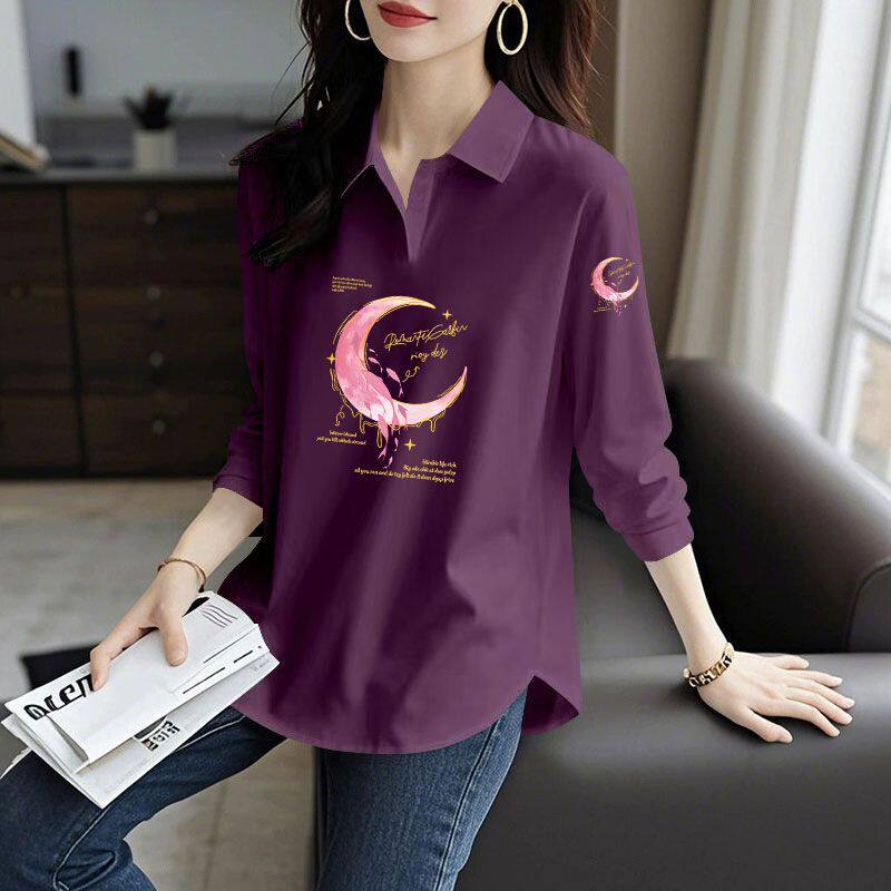 春秋100%纯棉长袖POLO衫女时尚韩版百搭设计感弧形翻领印花上衣服