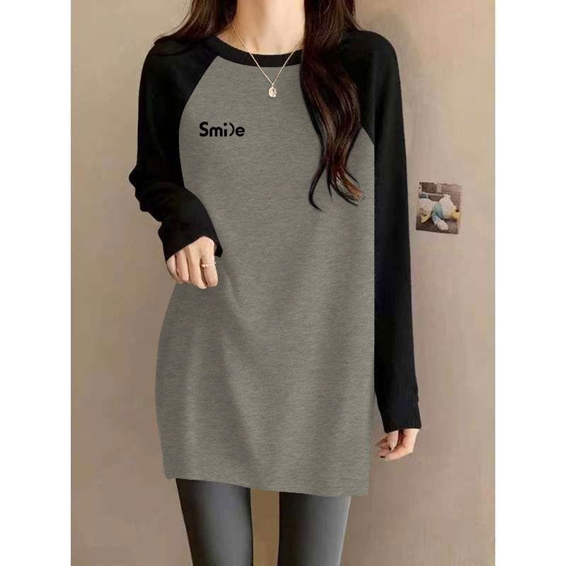 德绒磨毛中长款插肩袖打底衫女