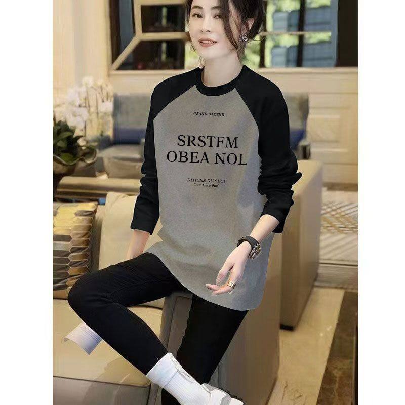 秋冬德绒半高领中长款打底衫T恤女时尚洋气新款减龄百搭印花上衣