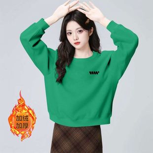 秋冬纯棉绿色加绒加厚短款高腰卫衣女时尚韩版洋气小个子保暖上衣