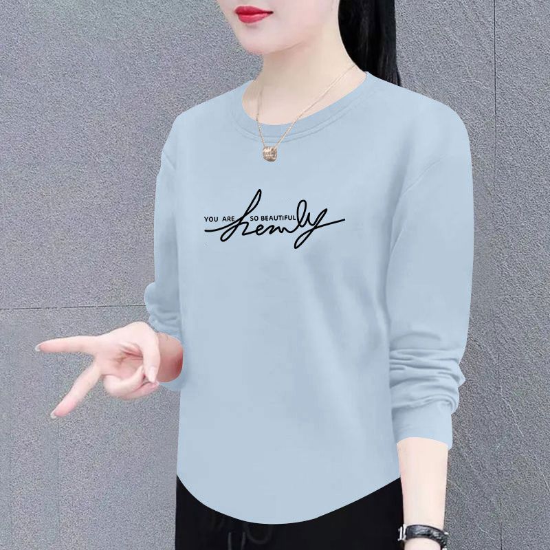 春秋100%纯棉长袖圆领T恤女