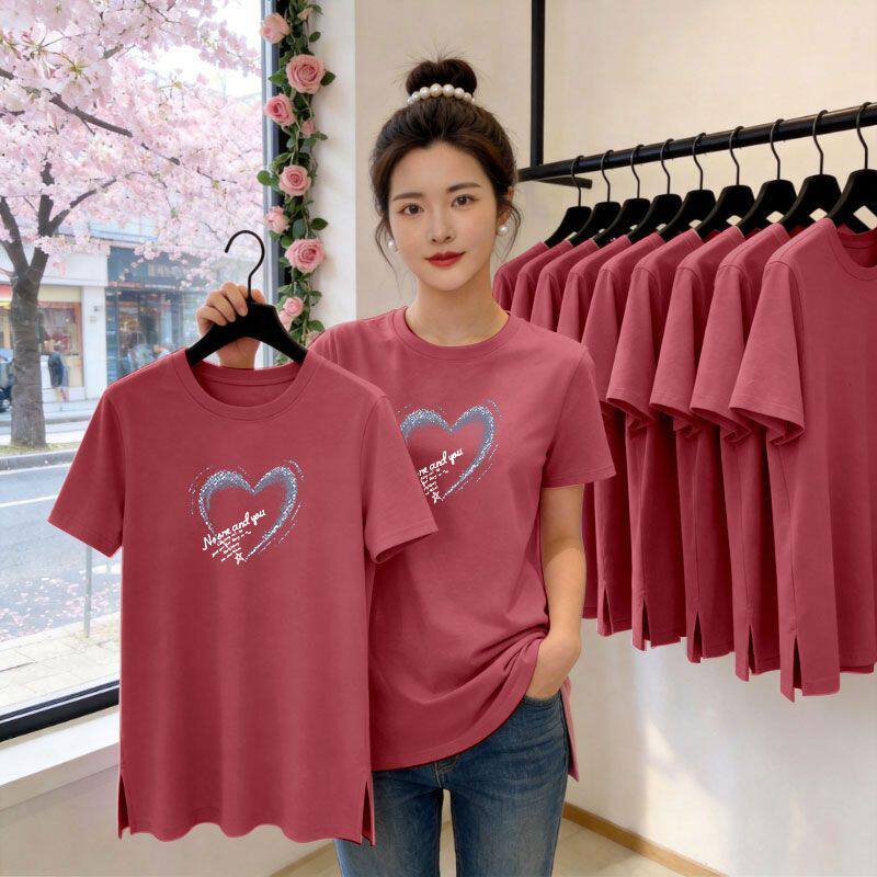 纯棉爆款紫红色短袖开叉T恤女
