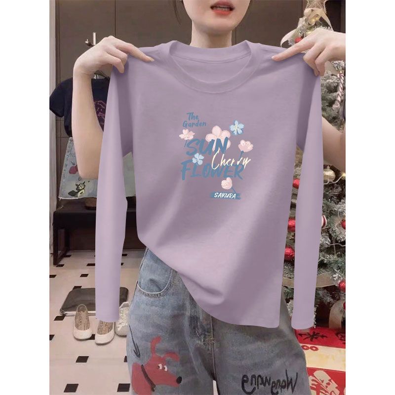 春秋女士纯棉圆领长袖T恤韩版