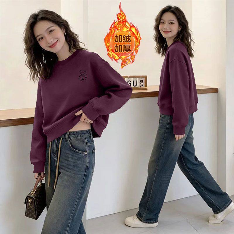 秋冬加绒加厚韩版纯棉短款卫衣女时尚通勤洋气显瘦印花小个子上衣