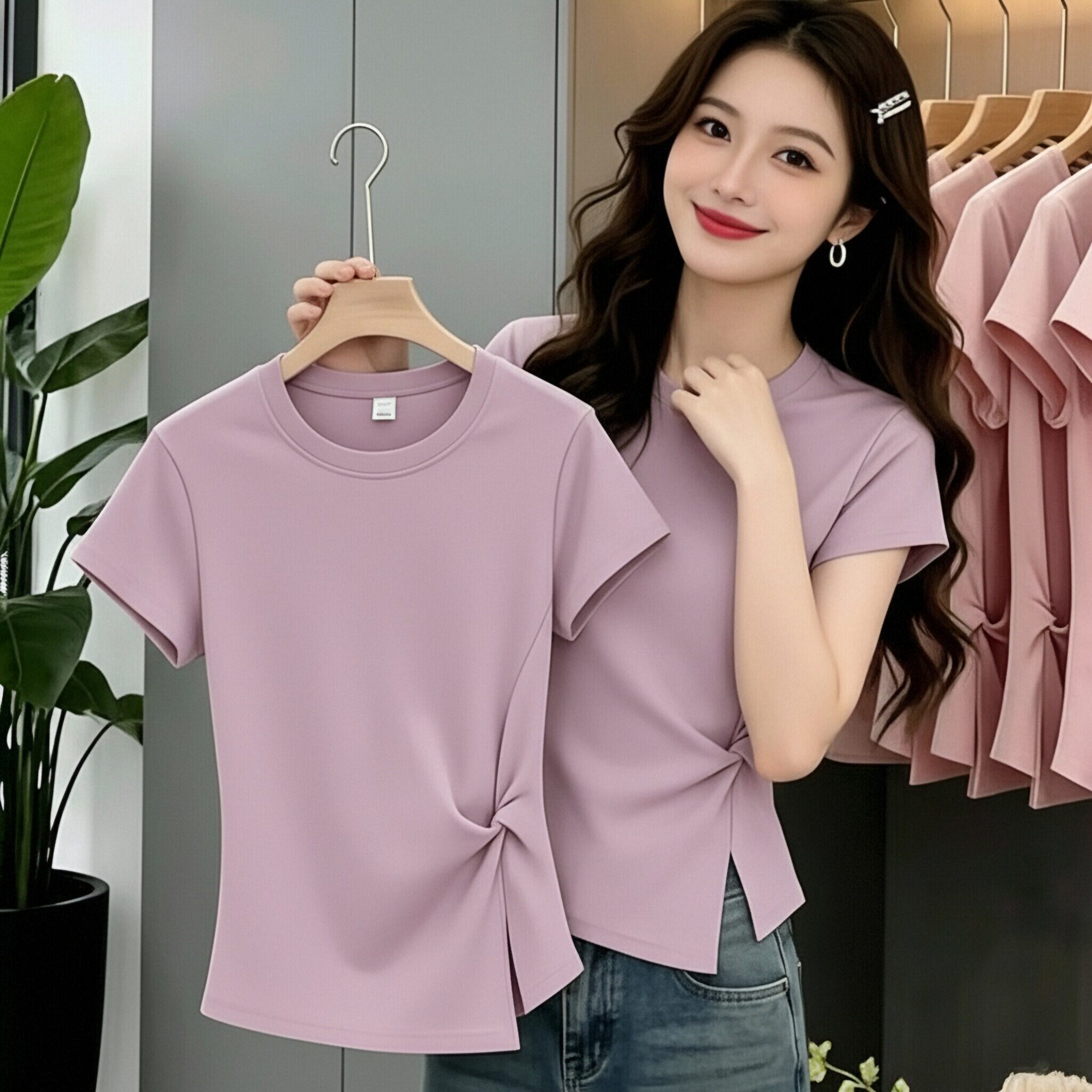 纯棉韩系扭结短袖T恤女时尚图片