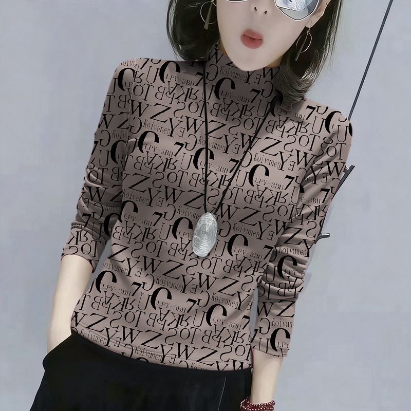 水墨风德绒半高领打底衫女春秋