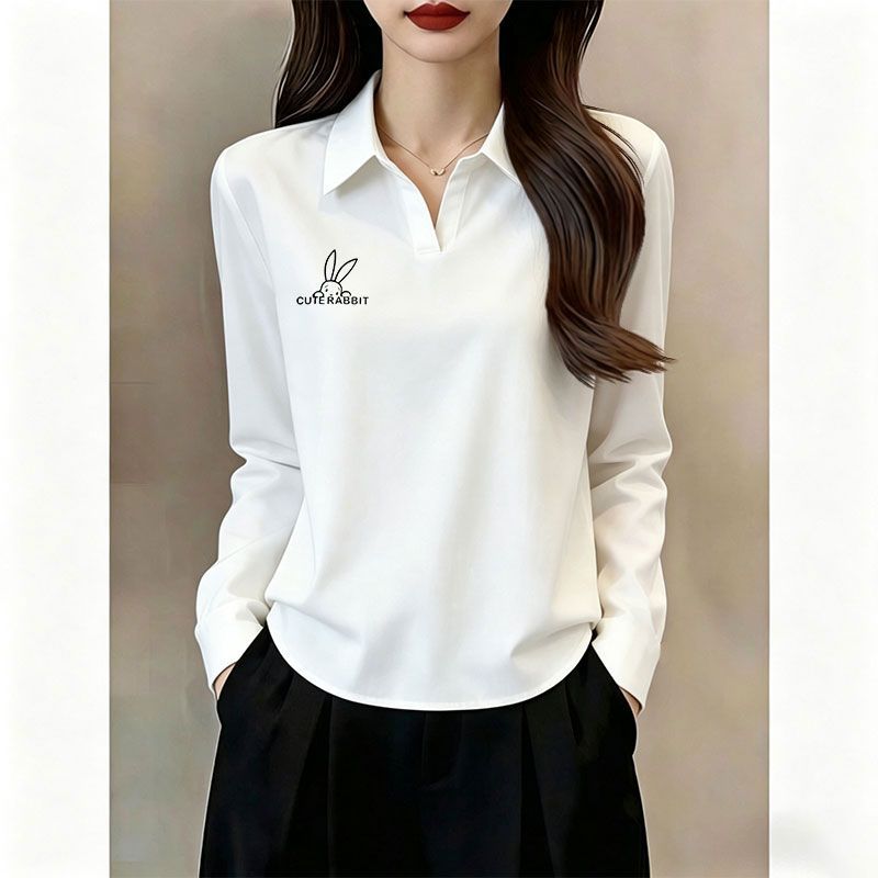 纯棉白色长袖翻领POLO衫T恤女