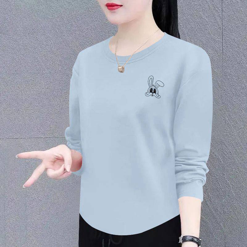 春秋女士纯棉长袖弧形T恤韩版洋气百搭宽松显瘦设计感圆领ins上衣