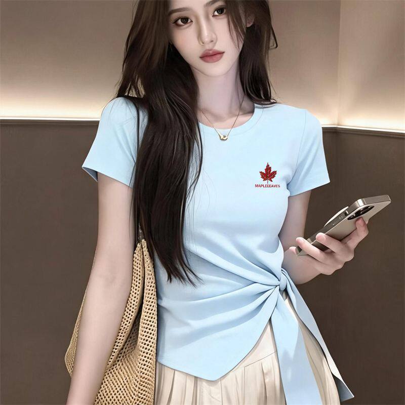 夏季时尚绑带短袖开叉不规则打底T恤女时尚潮流百搭显瘦圆领上衣