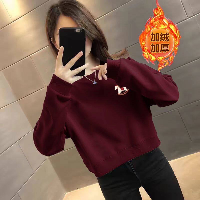 马年本命年酒红色短款纯棉卫衣女秋冬加绒加厚时尚洋气百搭上衣服