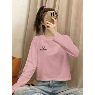 春秋短款纯棉高腰印花长袖T恤女时尚洋气韩版百搭显瘦小个子上衣