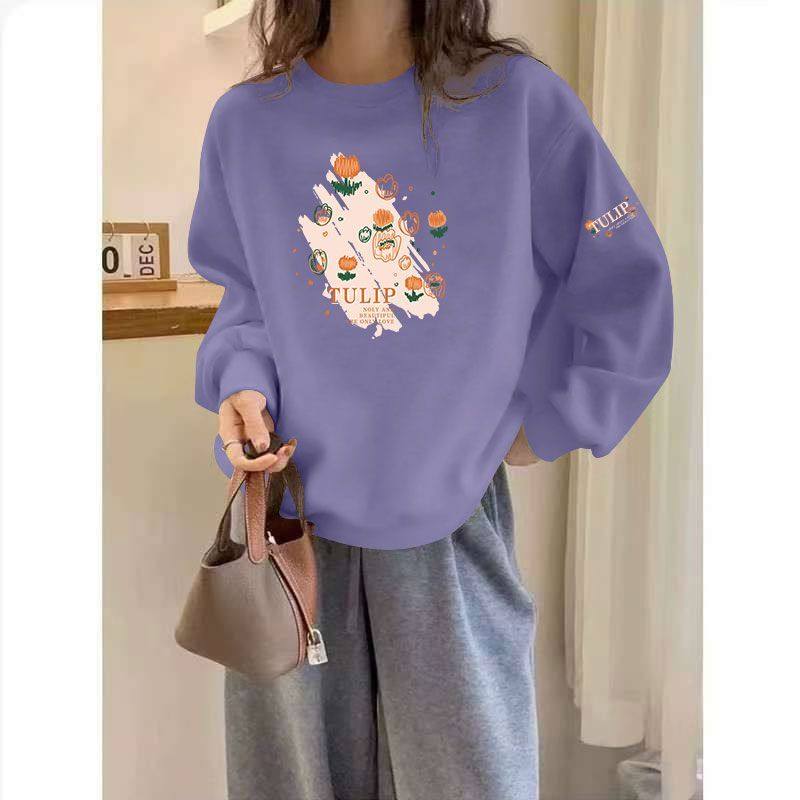 秋冬女士纯棉长袖卫衣时尚洋气百搭宽松显瘦印花慵懒风薄款外套服