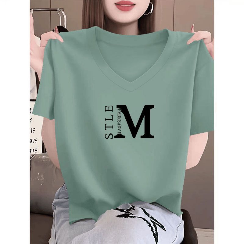 夏季纯棉短袖V领印花T恤女