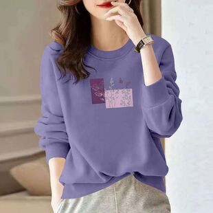 秋冬纯棉圆领长袖卫衣女时尚新款韩版洋气宽松遮肉显瘦印花上衣服