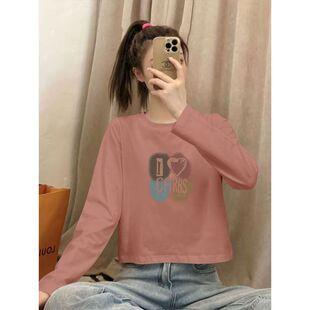 春秋时尚纯棉短款高腰长袖T恤女韩版宽松显瘦印花小个子圆领上衣