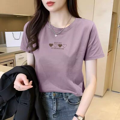 夏季100%纯棉圆领短袖休闲T恤女