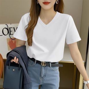 韩版 新款 洋气通勤百搭简约鸡心领上衣服 V领T恤女夏季 100%纯棉短袖